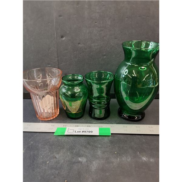 (3) Green Vases & Pink Glass Cup