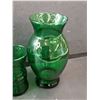 Image 2 : (3) Green Vases & Pink Glass Cup