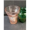 Image 4 : (3) Green Vases & Pink Glass Cup