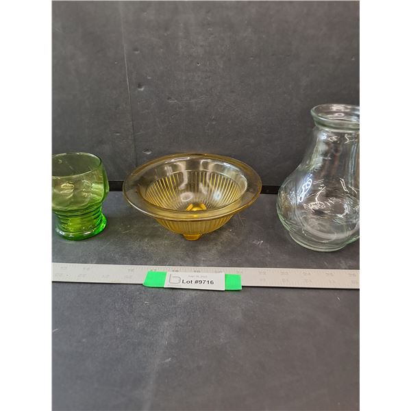 Green Glass Cup, Yellow Glass Bowl & Glass Water  Pitcher