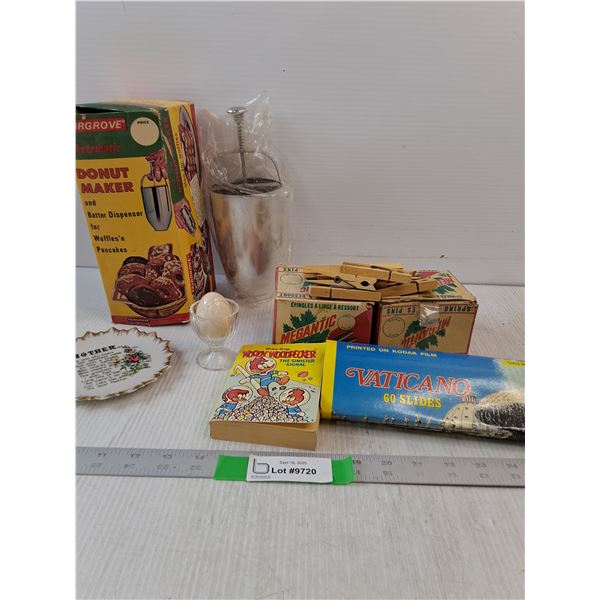 Vintage Donut Maker, Plate & Egg Cup, Clothes Pins, Woody Woodpecker Book & Kodak Film