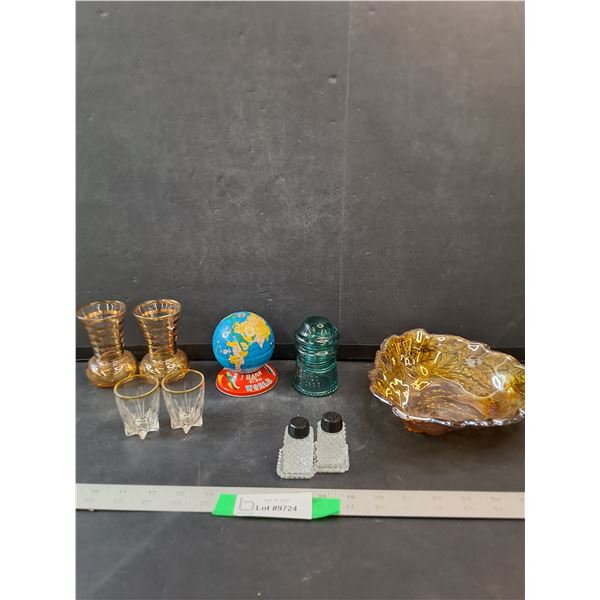 Salt & Pepper Shakers, Globe And Compass, Carnival Glass Dish, (2) Bud Vases