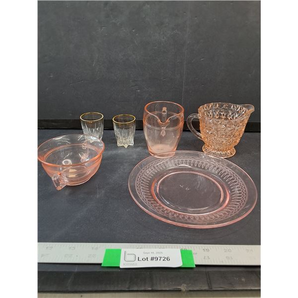 Pink Glass Dishes & (2) Shot Glassware