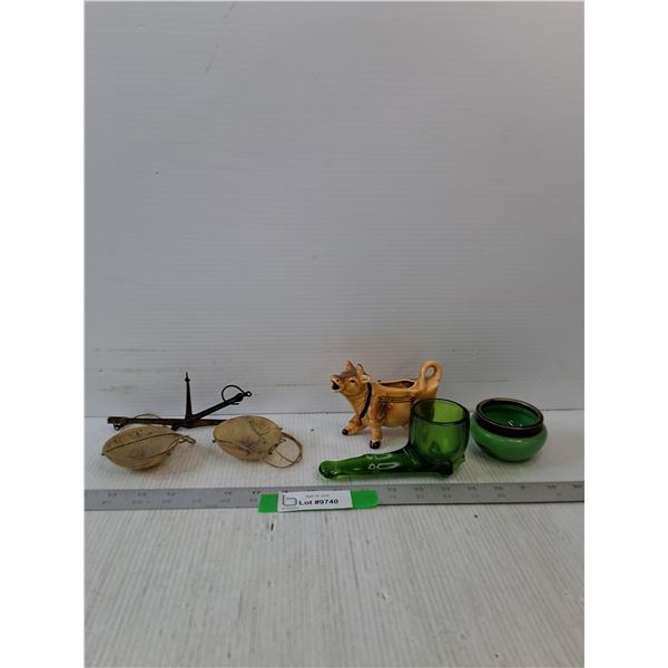 Hanging Scale(One String Broken), Cow Figurine, Green Dish & Egg Cup