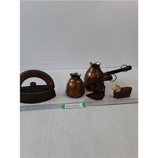 Smoothing Iron, Sheep Decor, (2) Copper Pots