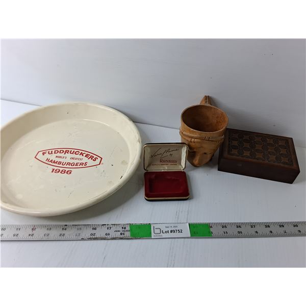 Fuddruckers 1986 Serving Plate, Ronson Luxury Lighter Case, Wood Carved Lady's Face Cup, Smal, Wood 