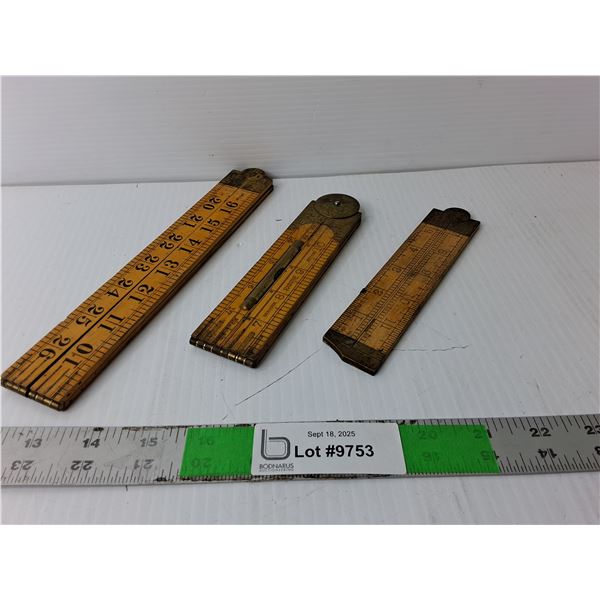 (3) Folding Expanding Vintage Rulers With Level, Protractor, Imperial Inch Measurments