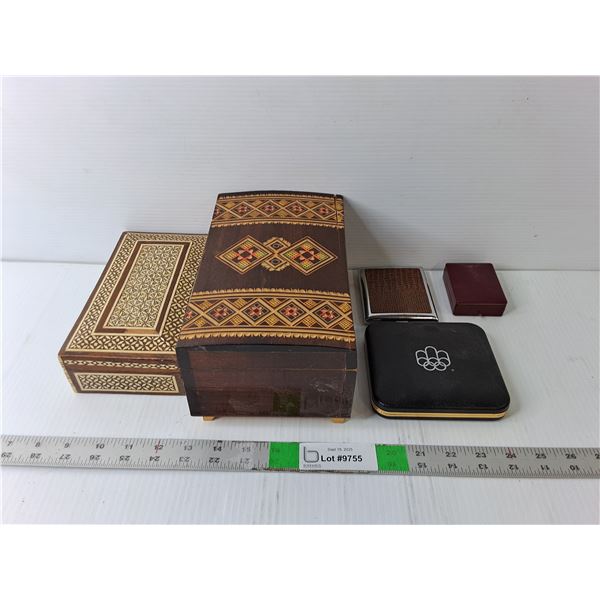 (2) Intricate Wooden Chests, Silver Coin Container, Cigarette Holder, Jewelery Case