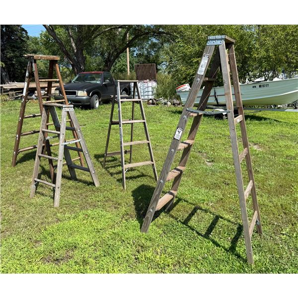 WOOD A-FRAME LADDERS, LOT OF FOUR