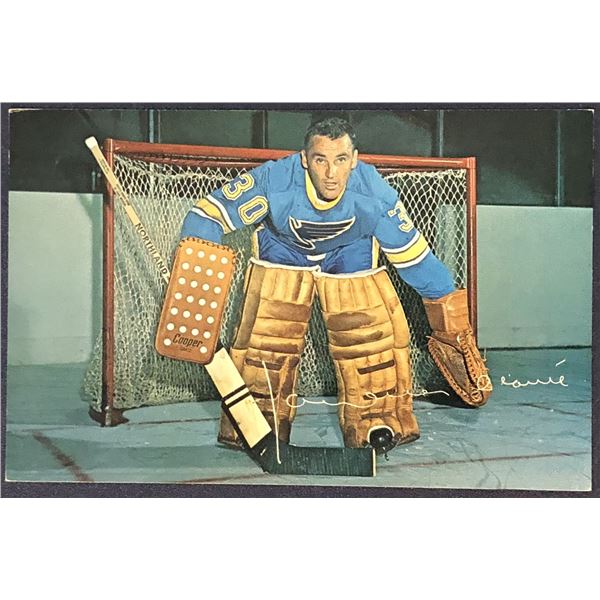 1965 ST. LOUIS BLUES 3.5"x5.5" POSTCARD - JACQUES PLANTE (HOF) - SIGNED