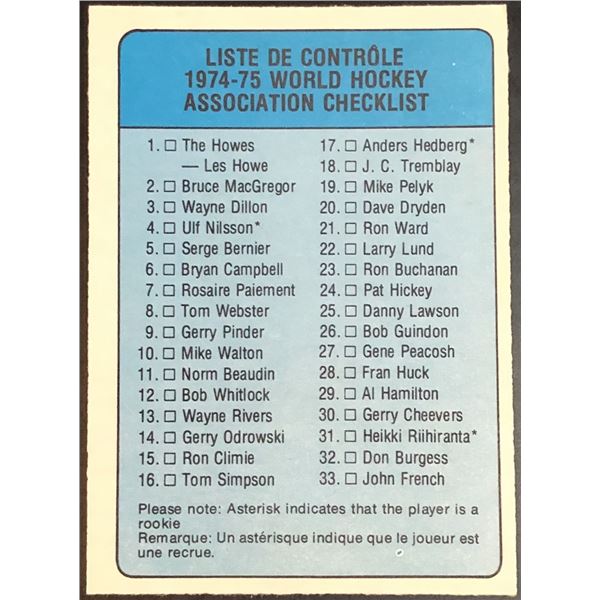 1974-75 O-PEE-CHEE WHA CHECKLIST