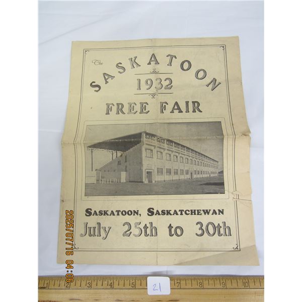 Original Saskatoon 1932 Free Fair Advertisement  Very Rare Item
