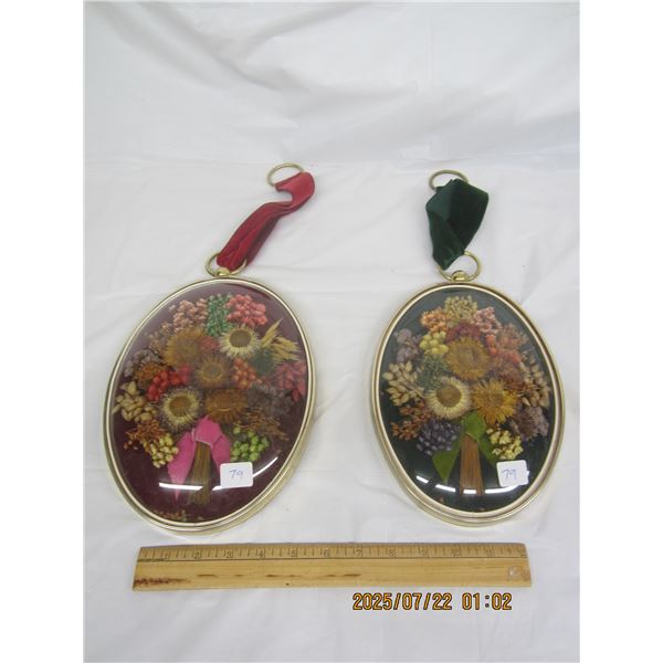 2 Vintage Dried Flower Arrangements in Bubble Glass Frames