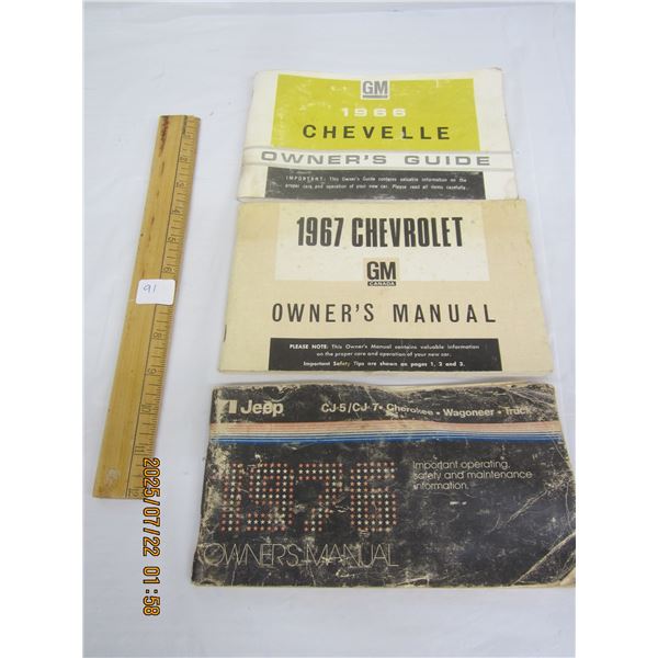 Lot of  3 Vehicles Owners Manuals 1966 Chevell , 1967 Chevrolet , Jeep C5-5/CJ7