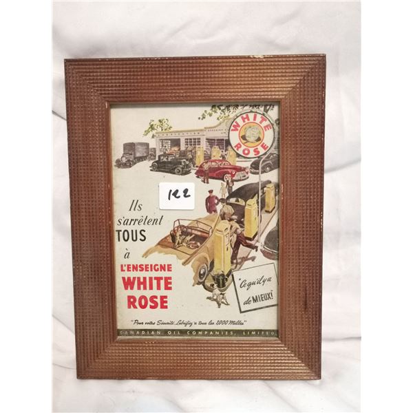 Old white rose framed advertising 7"X9"