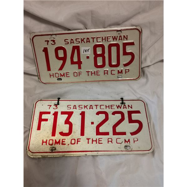 Three 1973 sask license plates , two are matching