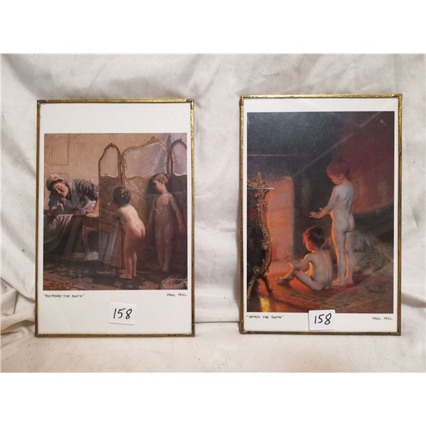 Two copper framed prints before and after a bath