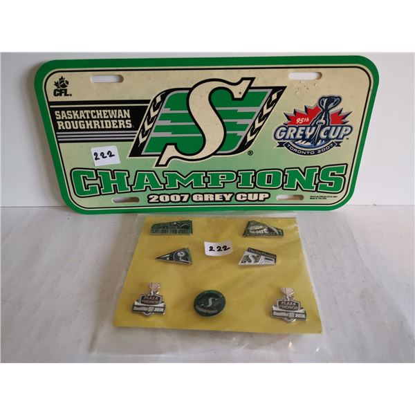 Lot of sask. Rough riders pins and plate