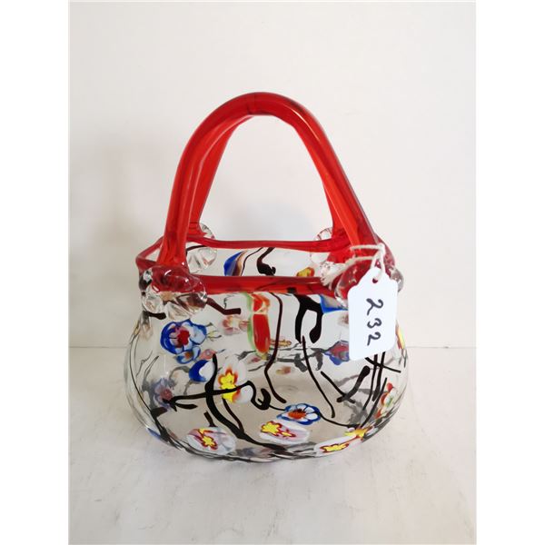 Art glass purse vase red floral design 6.5x3.5x 8 tall