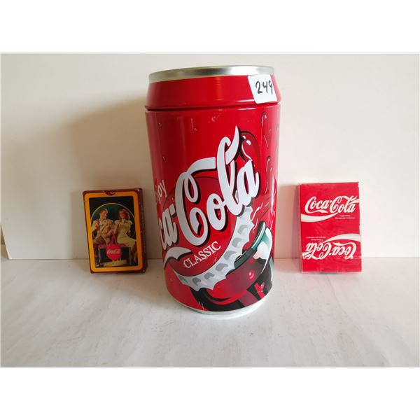 Coca-cola can coin bank 8" tall 2 decks of cards
