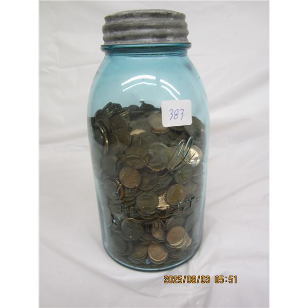 Blue Glass Ball Mason Jar Full of Pennies from the 1940's to Present