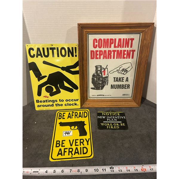4 novelty signs- 3- metal and 1 framed