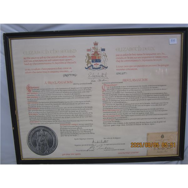 Queen Elizabeth 2 Proclamation Framed 25 inches by 19 inches