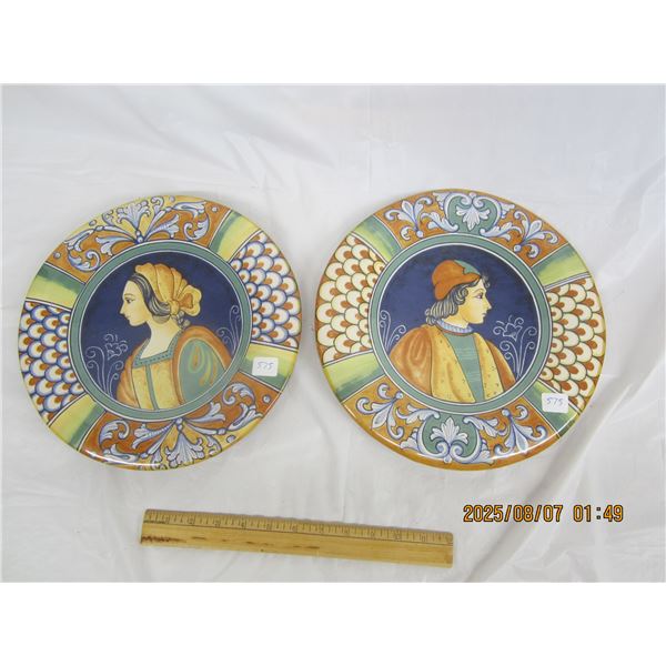 2 Vintage Italian Man and Woman Plates 12 Inches Across