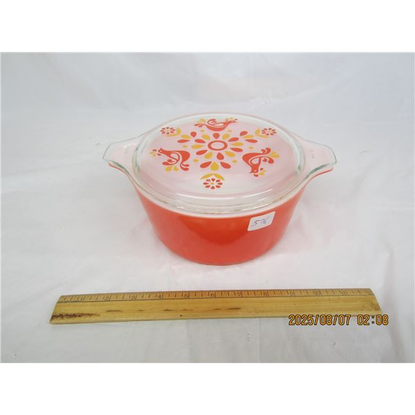 Orange Pyrex Bowl with Lid with Chickens on It