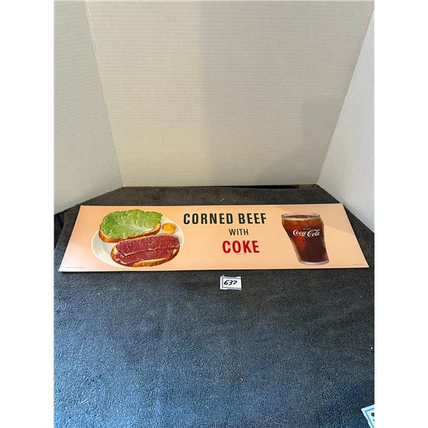 Coca cola cardboard sign- 1960;s from soda shop "NOS 24"x7"- corn beef