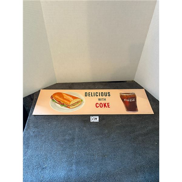 Coca cola cardboard sign- 1960;s from soda shop "NOS 24"x7"- Delicious