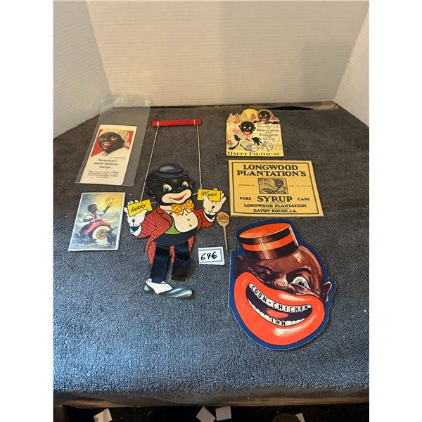 6 Black americana advertising pieces - hand puppets , menu cards, etc