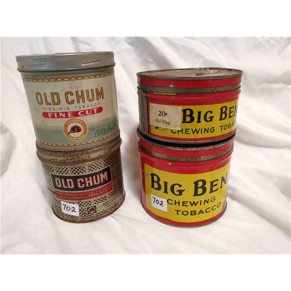two big ben and two old chum tobacco cans