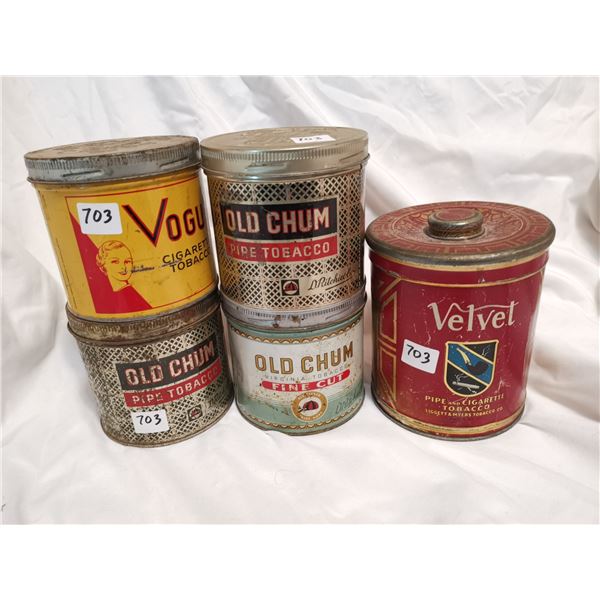 Five tobacco tin cans