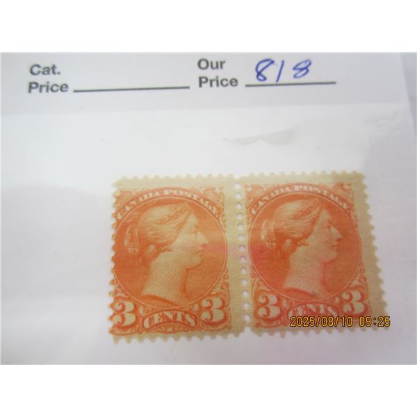 Canada Pair Small Queen Victoria 3 Cent OG, NH, Never Used