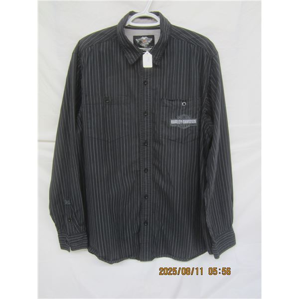 Vintage Harley Davidson Motor Cycle Button Up Black Pinstriped  Shirt Size XL Tall