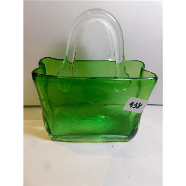 GREEN ART GLASS, BASKET SHAPED BOWL