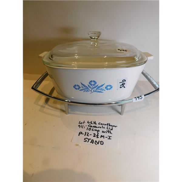 WHITE CORN FLOWER CORELLE CASSEROLE WITH LID AND STAND P-12-2 ½ M-1