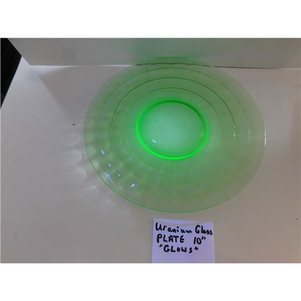 10” URANIUM GLASS SUPPER PLATE “GLOWS BRIGHTLY”