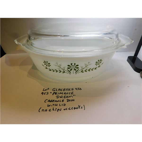 GLASSBAKE PRIMROSE DREAM CASEROLE DISH, WITH LID, #433 NO CHIPS OR CRACKS
