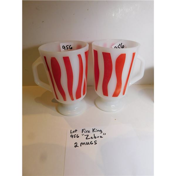 2 FIRE KING RED ZEBRA STRIPED IRISH COFFEE PEDESTAL MUGS