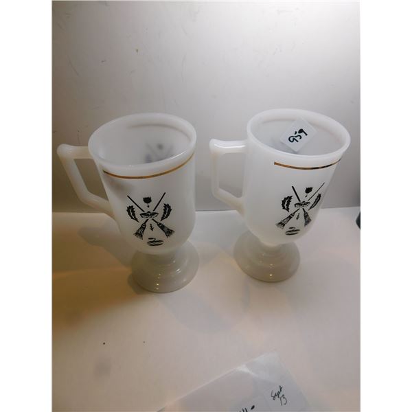 2 D-HANDLE, CURLING MOTIF IRISH COFFEE PEDESTAL MUGS