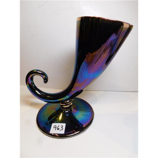 IRRIDESCENT COBALT BLUE LUSTRE, HORN VASE, MADE IN ENGLAND