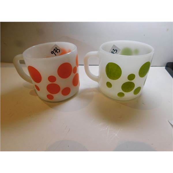 FEDERAL GLASS DOT MUGS, GREEN AND ORANGE