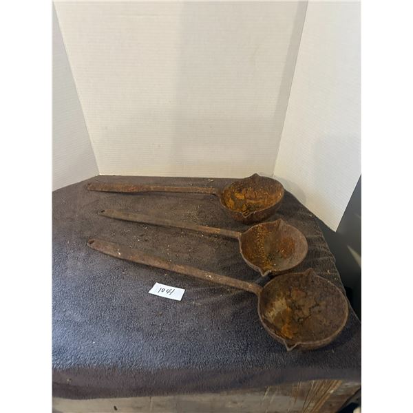 3 large ladles- 20" long - need cleaning - look hand forged