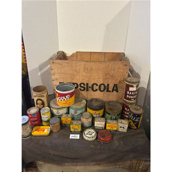 Wooden pepsi crate + lot of collectible tins-22tins