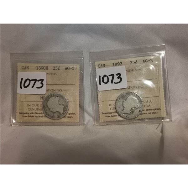 1890H and 1892 25 cent coins, certify