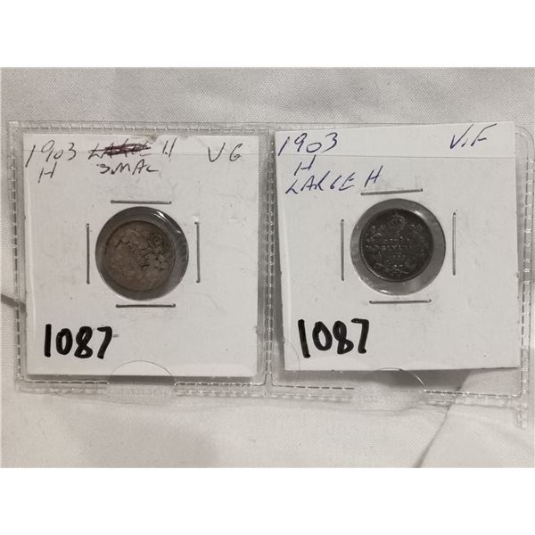 1903H large and small H 5 cent coins