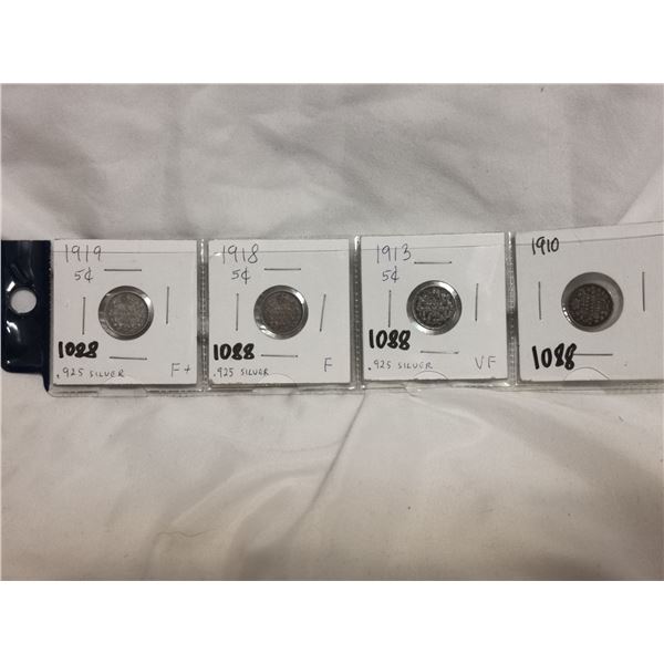Four silver 5 cent coins 1910, 13, 18,19