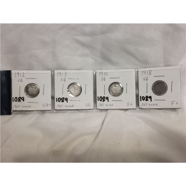 Four silver 5 cent coins, 1912, 13, 14,18